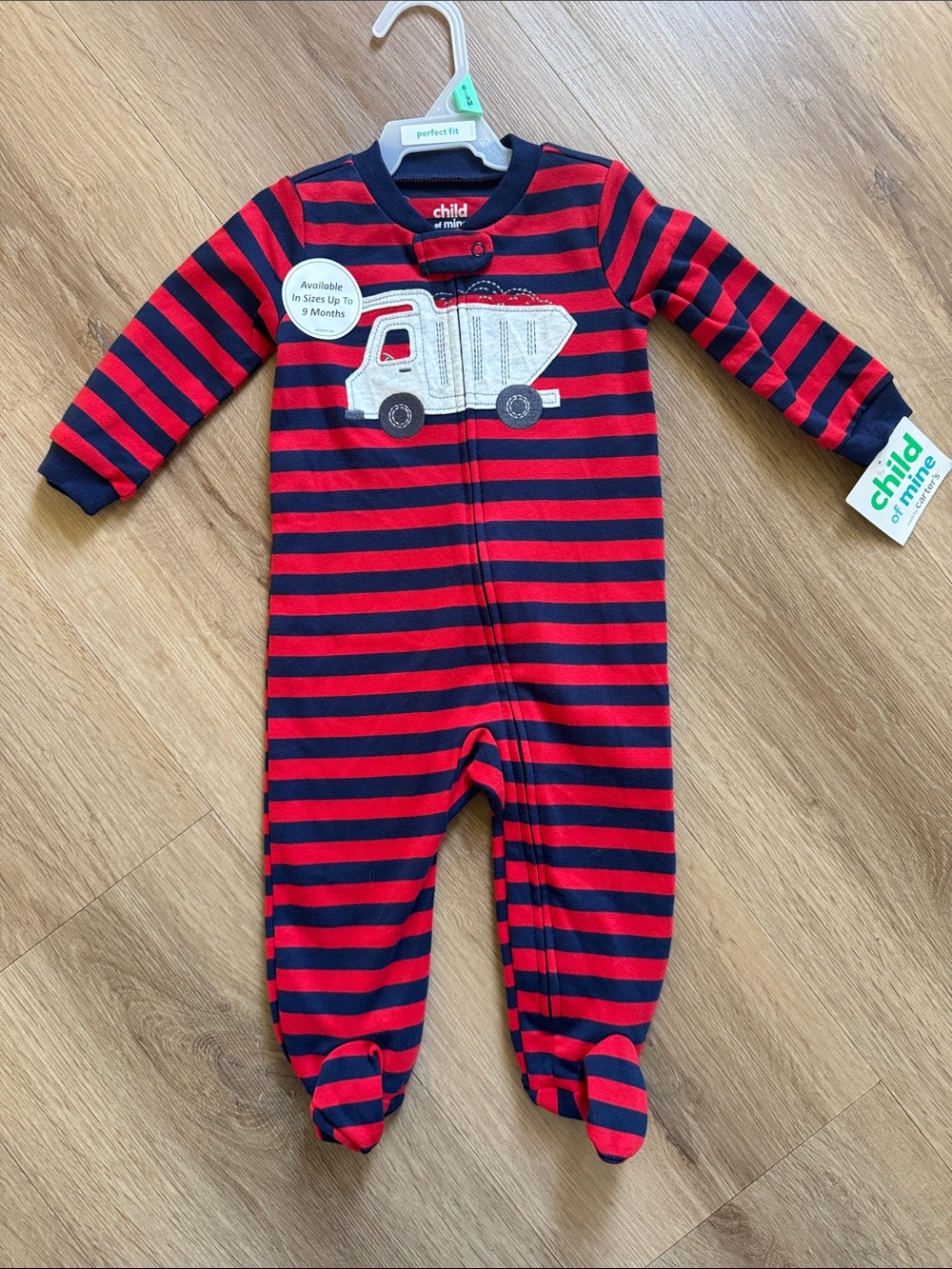 child of mine Red and Navy Striped Footed One-Piece with Truck Applique